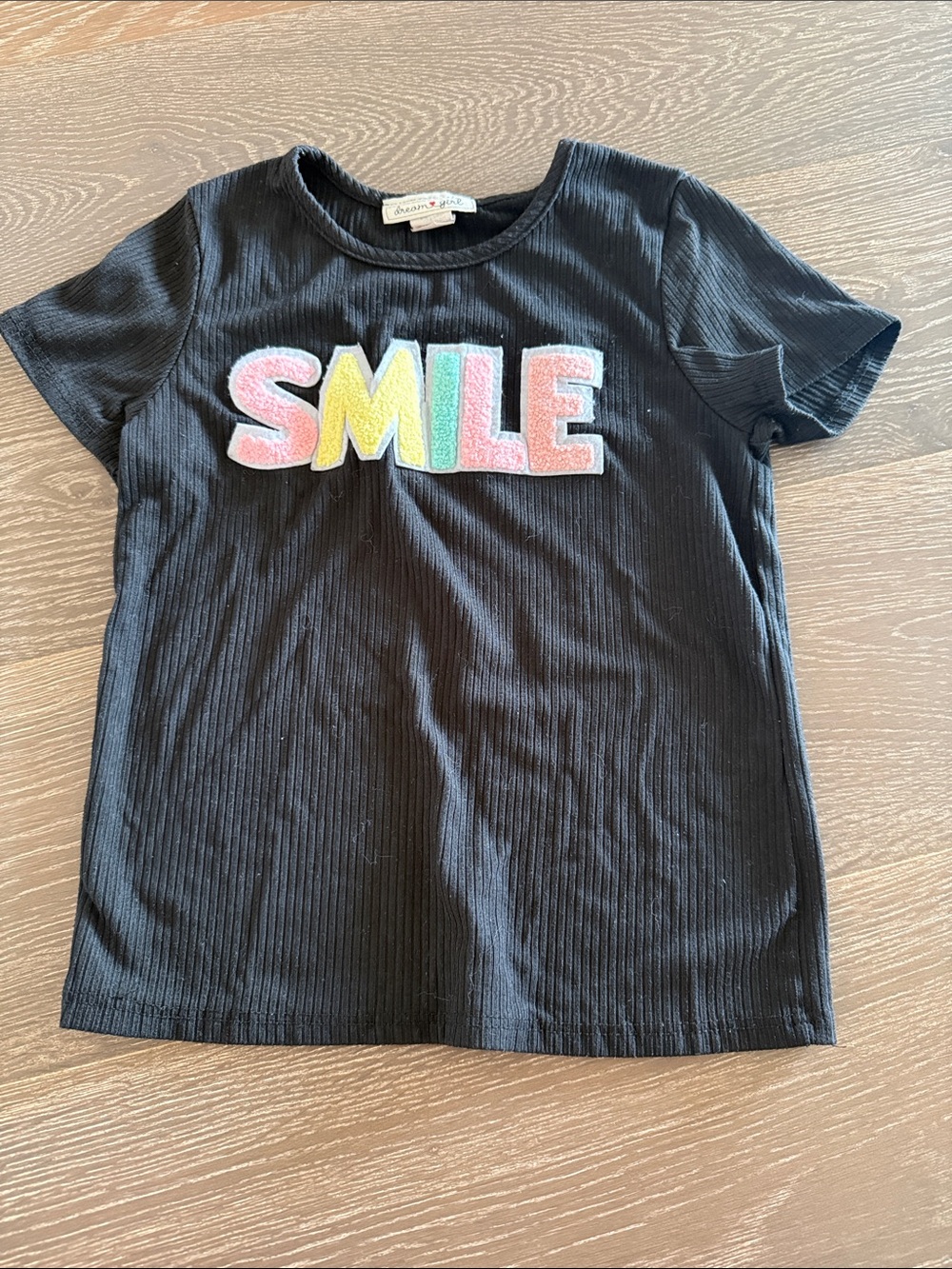 Black Ribbed Short Sleeve Tee with Colorful SMILE Patch. Size 12
